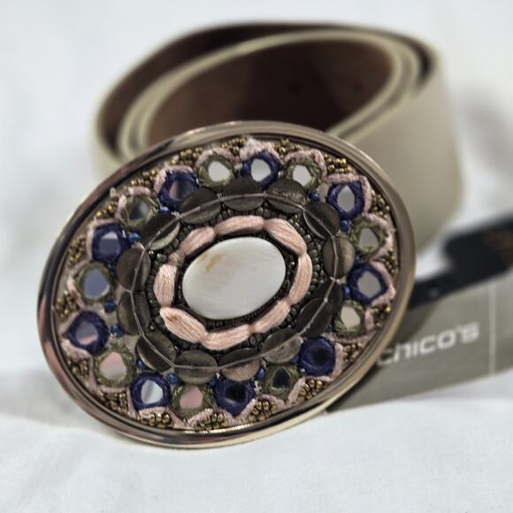 Chicos Belt Gold Leather Pink Purple Mirrored Shell Beaded Buckle Size Small NEW main image 9